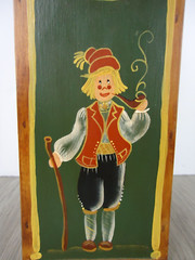 VTG Norwegian Folk Toll Paint Wooden Match Box Wall Pocket Signed 80s Pipe Man