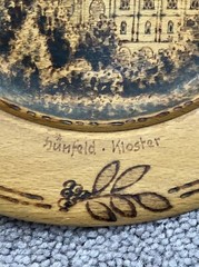 VINTAGE 8.5” PYROGRAPHY WOODEN PLATE-“HUNFELD KIOSTER” FOLK ART