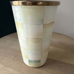 Retired Mackenzie Childs Parchment Check 10 Oz Enamel Tumbler NWT Rare