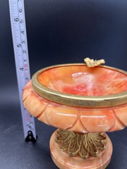 Vintage Alabaster Marble Orange Pedestal Bird Bath, Brass Accents Made Italy