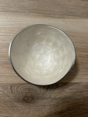 2 Vtg Silver Tone Metal Small Serving Bowls White Iridescent Lining Modernist