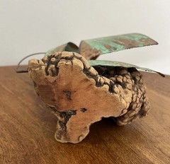 Copper Metal Green Sailboat Art Figurine Sculpture Wood Base Beach Coastal 10”
