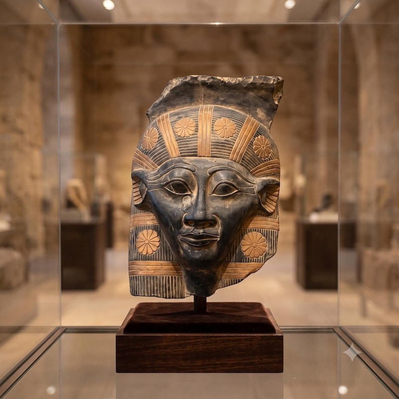 Egyptian Hathor Mask Sculpture Ancient Egyptian Antiques Face and Solid Stone BC