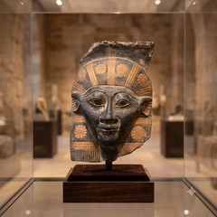Egyptian Hathor Mask Sculpture Ancient Egyptian Antiques Face and Solid Stone BC