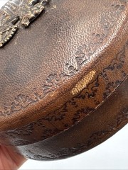 Antique Vtg Italy Leather Wrapped Trinket Jewelry Box Prominent Metal Crest