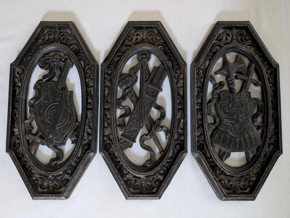 VTG 1968 Homco Set of 3 Wall Plaques Medieval Sword Shield Castle Goth Decor USA