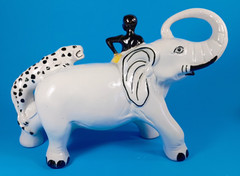 Man Riding Elephant As Jaguar Attacts Ceramic Figure. Made in Brazil. 12″x8″x5″