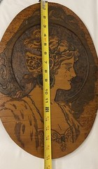 Vintage Art Nouveau Oval Wood Carved Pyrography Victorian Lady