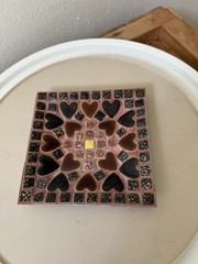 Square 5” Red Heart And Square Tiles Trinket Dish Vintage Hobbyist Art