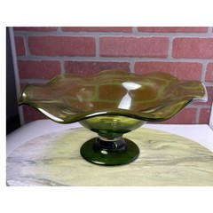 Bowl 12 Inch Avocado Green Hand Blown Art Glass Pedestal Vintage