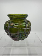 Pallme König & Habel Art Nouveau Iridescent Fadendekor Green Glass Vase Chips