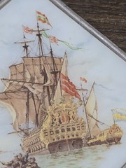 Antique 1910 Reverse-Paint Glass Galleon Ship Scene Edwardian Wall Decor Plaque