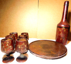 Unbranded~Wooden Folk Art Decanter with 6 Stem Cups and Serving Tray Vintage