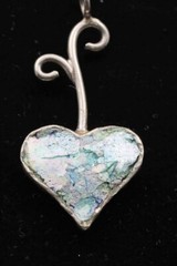 Roman Glass Big Heart Silver 925 Pendent Ancient Fragment 200 B.C. Bluish Patina