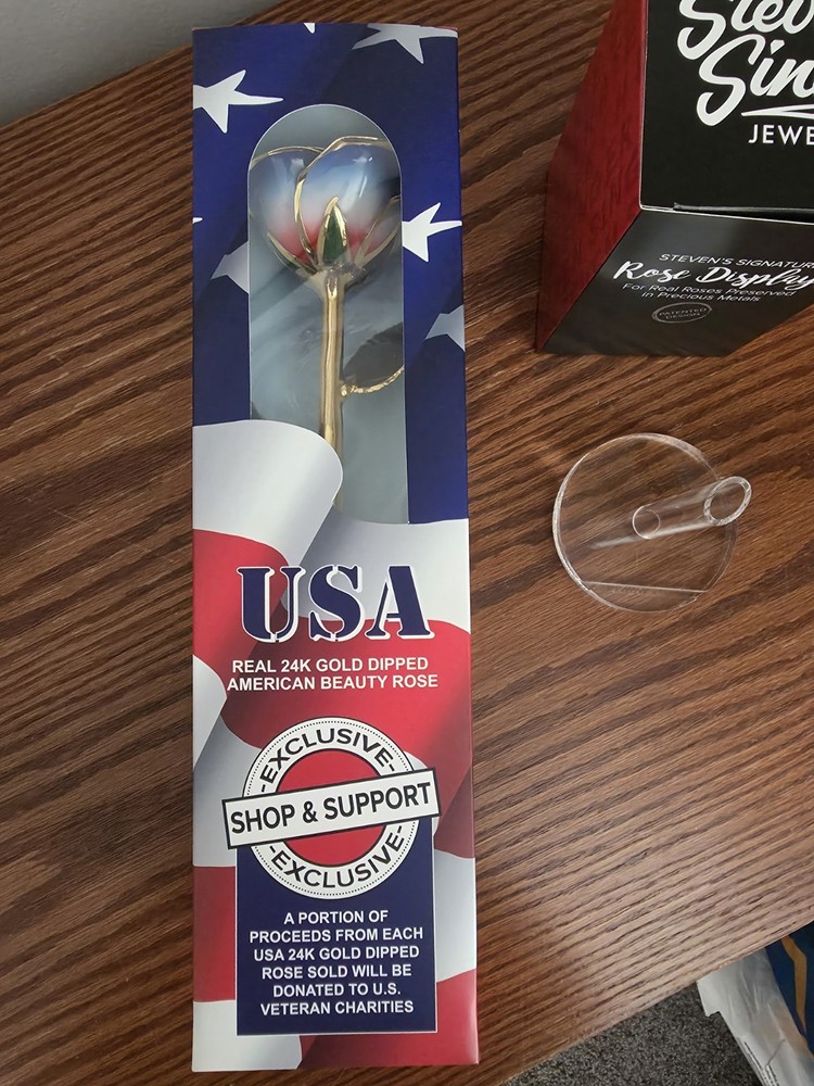 Steven Singer NEW American Beauty Rose Patriotic 24kt gold, flag, w/stand 2026