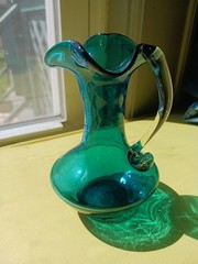 Antique ART GLASS HAND BLOWN PITCHER Pilgram Glass 5″ Blue Bud Vase Creamer