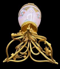 Antique French Pink Opaline Glass Egg Perfume Casket Palais Royal Jewelry Box