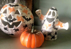 Polish Pottery Ceramic Ghost Lantern Figurine Boo Bats Spiders Webs Halloween