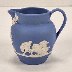 VTG Wedgwood Blue Jasperware Miniature Pitcher Creamer Neoclassical Trees 2.5″