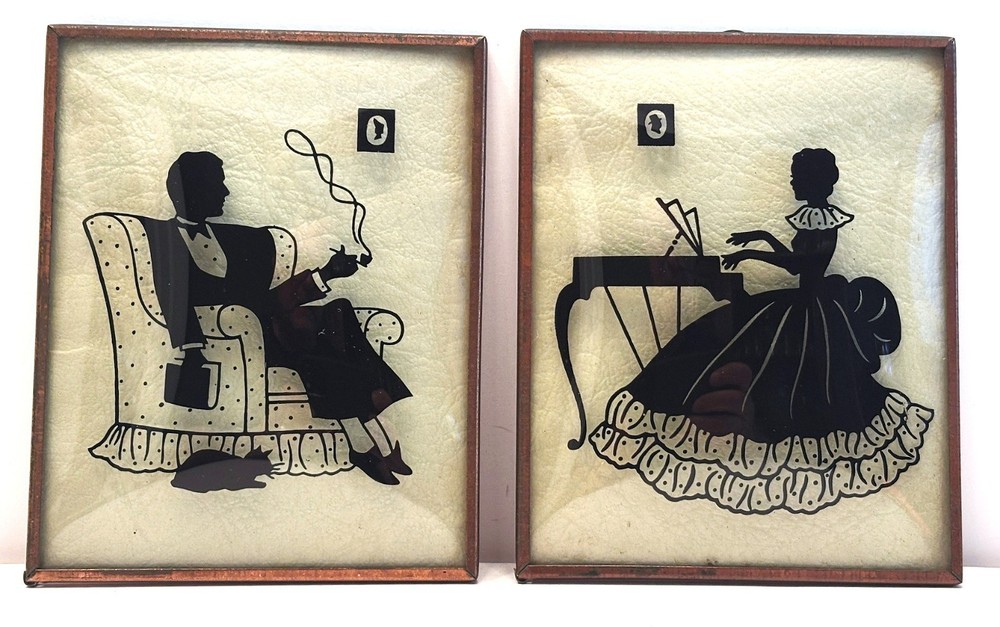 PAIR 1940’s Reverse Painted Silhouette on Convex Glass with Couple Relaxing