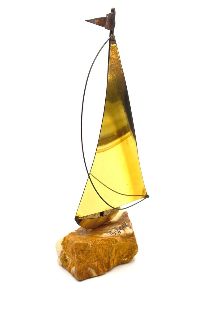 SIGNED DEMOTT NAUTICAL SAILBOAT SCULPTURE CALIFORNIA USA ONYX COPPER BRASS-9”