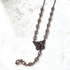 1928 Vintage Bronze Tone Purple Butterfly Pendant Station Necklace Boho Dainty