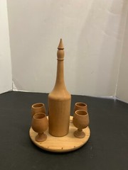 Vintage Wooden Pyrography Folk Art Decanter with 4 Stem Cups and Serving Tray