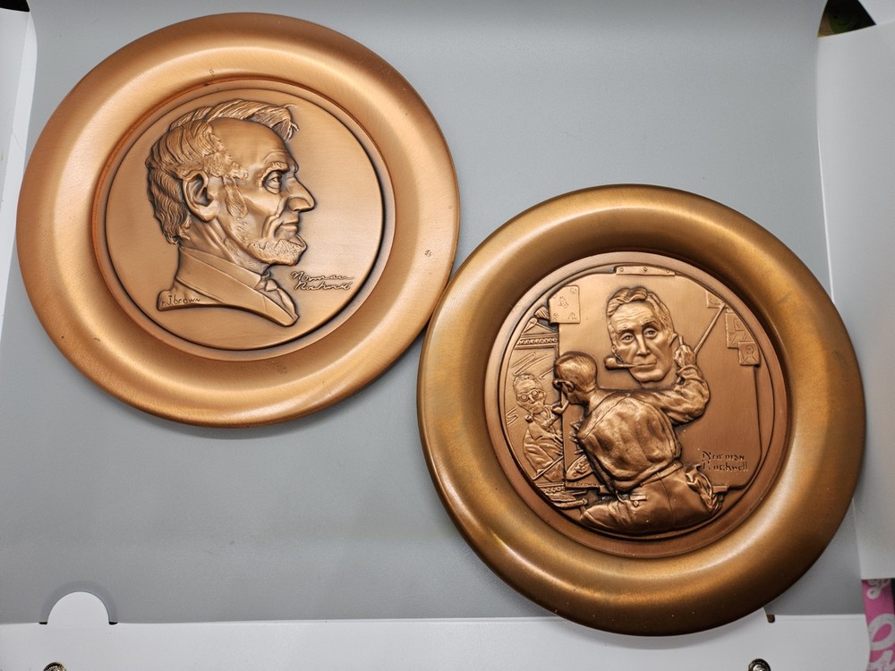 2 Vintage Norman Rockwell Copper Plates River Shore Lincoln & Self Portrait