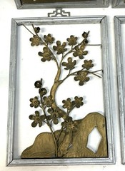 Vintage Art Deco Wall Art 3D Brass Color Tin Metal Flowers in Wooden Frames x4