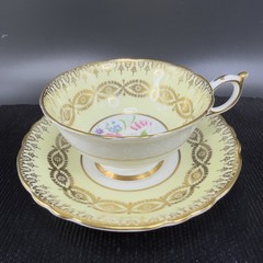 Antique Paragon Cabbage Rose Tea Cup and Saucer Set Heavy Gold Pattern England