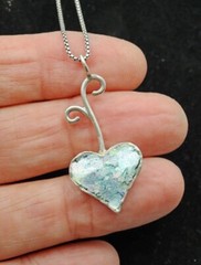 Roman Glass Big Heart Silver 925 Pendent Ancient Fragment 200 B.C. Bluish Patina