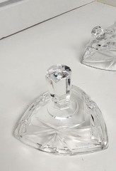 Vintage heavy Hand Cut Lead Crystal Triangle Shaped 3 footed candy dish with lid