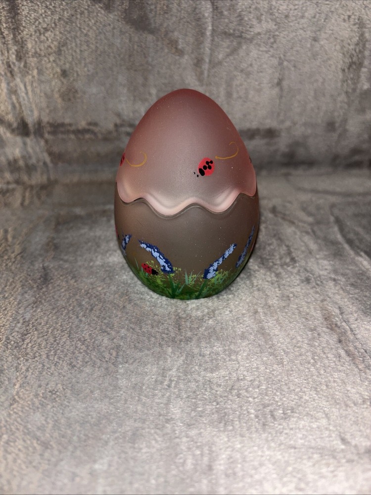 Vintage Unbranded Hand Painted Pink Frosted Glass Egg Flower Ladybug Easter