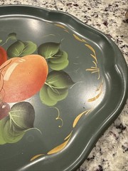 Vintage Hand-Painted Toleware Metal Tray Apple Peach Grapes 16 3/4” x 14”