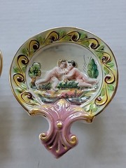 Antique SUNRISE ITALY Cherub Putti Porcelain Hand Painted Relief Trinket Dish 3D