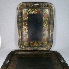 Antique Toleware Pair of Metal Trays Black Hand Painted Floral Stenciled 24″x18″