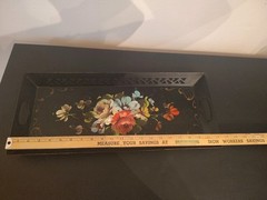 Vintage Hand Painted Floral Toleware Rectangular Metal Serving Tray