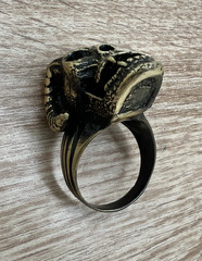 Large Rocker Bronze Ring with Skull and Horns Antique Ancient Rare