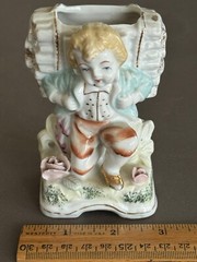 VTG PORCELAIN EDWARDIAN/VICTORIAN BOY WITH BUSHEL OF STICKS SMALL PLANTER VASE