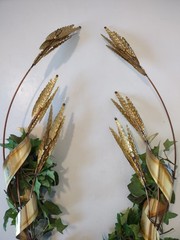 Vtg Home Interiors Brass Wheat Sheaf 2 Piece Wall Hanging Decor MCM Homco 31″