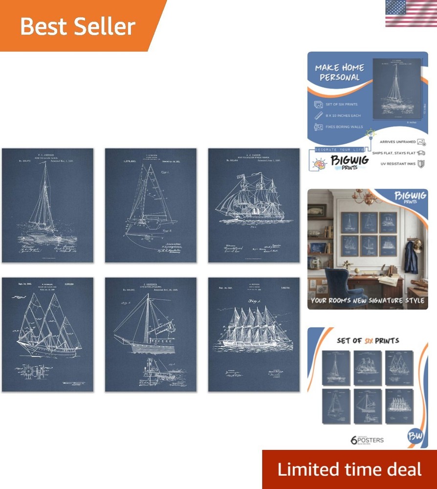 Nautical Wall Decor For Home, Sailboat Wall Art, Set of 6 Vintage Navy Blue P…