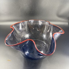 Boatman Studio Art Glass Hand Blown Bowl Dish Crackle Blue Glass Red Edges VTG