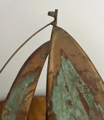 Copper Metal Green Sailboat Art Figurine Sculpture Wood Base Beach Coastal 10”