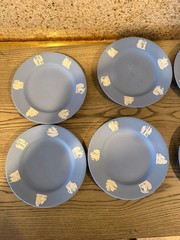 Vintage Set of 8 Jasperware Plates Wedgwood Blue Cameo Relief Decorative 6.5″