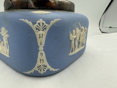 Rare Wedgwood Blue Jasperware Biscuit Barrel Square Metal Lid England 5 3/4” Sq