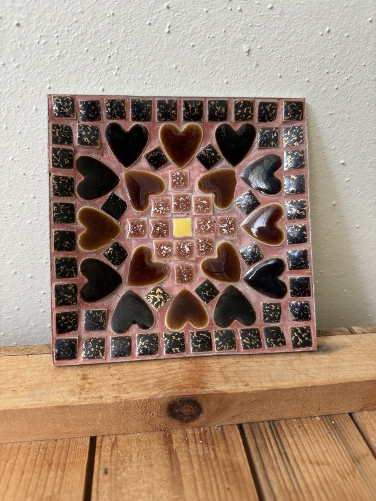 Square 5” Red Heart And Square Tiles Trinket Dish Vintage Hobbyist Art