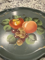 Vintage Hand-Painted Toleware Metal Tray Apple Peach Grapes 16 3/4” x 14”