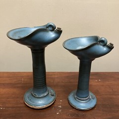 Vintage Pair 7”- 8”Middle Eastern Islamic Oil Lamp Glazed Stone Unknown Age