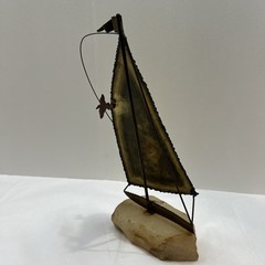 DeMott Brass Sailboat Sculpture Quartz Stone Base Signed MCM Brutalist 9 1/2”