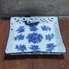Porcelain Lace Cut Trinket Coin Candy Nut Dish Blue White Flower Wall Hanging